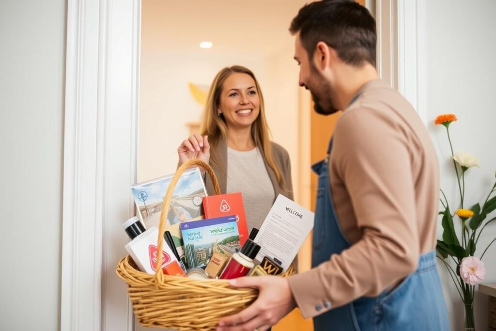 Gastgeber begrüßt Airbnb-Gäste mit einem Willkommenspaket Gastgeber begrüßt Airbnb-Gäste mit einem Willkommenspaket