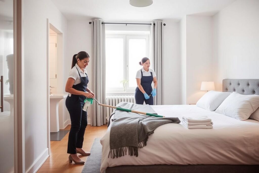 Professioneller Reinigungsservice bereitet eine Airbnb-Wohnung für neue Gäste vor Professioneller Reinigungsservice bereitet eine Airbnb-Wohnung für neue Gäste vor