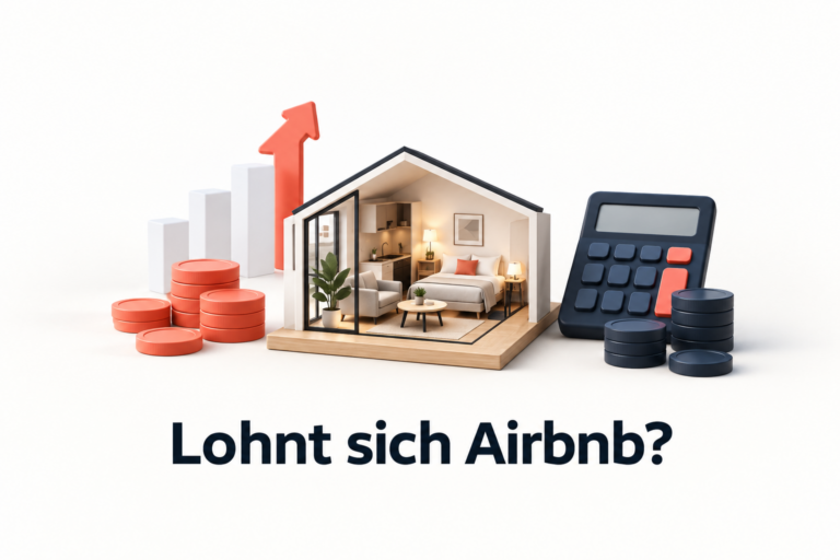 Minimalistisches Ferienapartment mit Taschenrechner und ausbalancierten Einnahmen- und Kostenstapeln; darunter steht „Lohnt sich Airbnb?“.